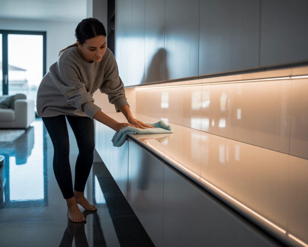 Mujer instalando melamina blanca en cocina moderna - Madezza Perú