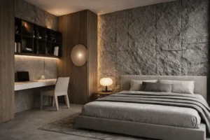 Diseños de salas minimalistas usando panel piedra color beige